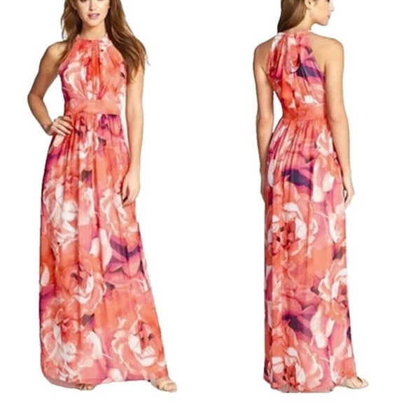 Eliza J Womens Floral Chiffon Maxi Dress Size 4 Halter Long Length Fairy NWT - Picture 1 of 13